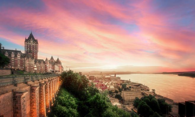 Sunset painted skies over Old Quebec City, Canada. 