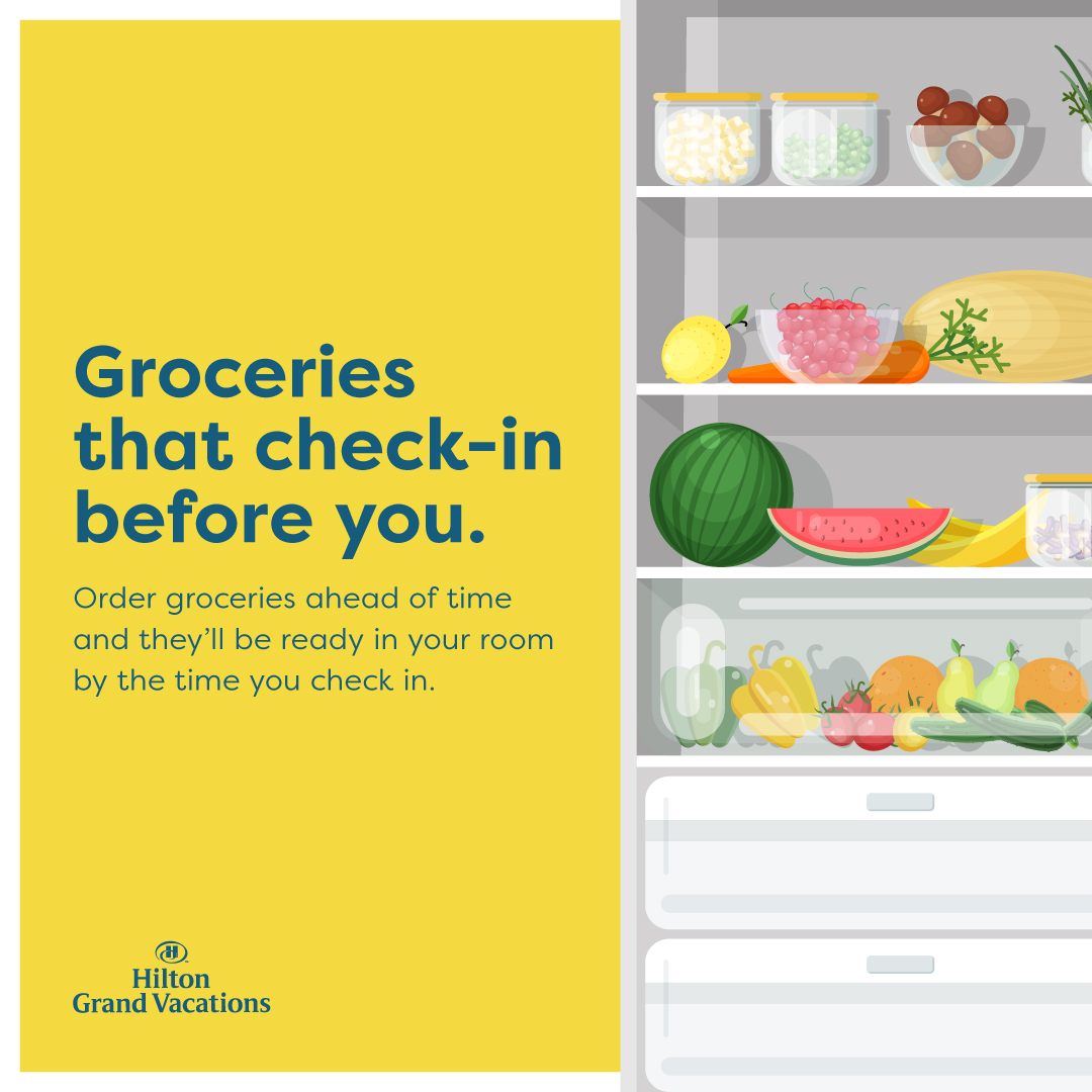Infographic explaining Hilton Grand Vacations stock my fridge service. 