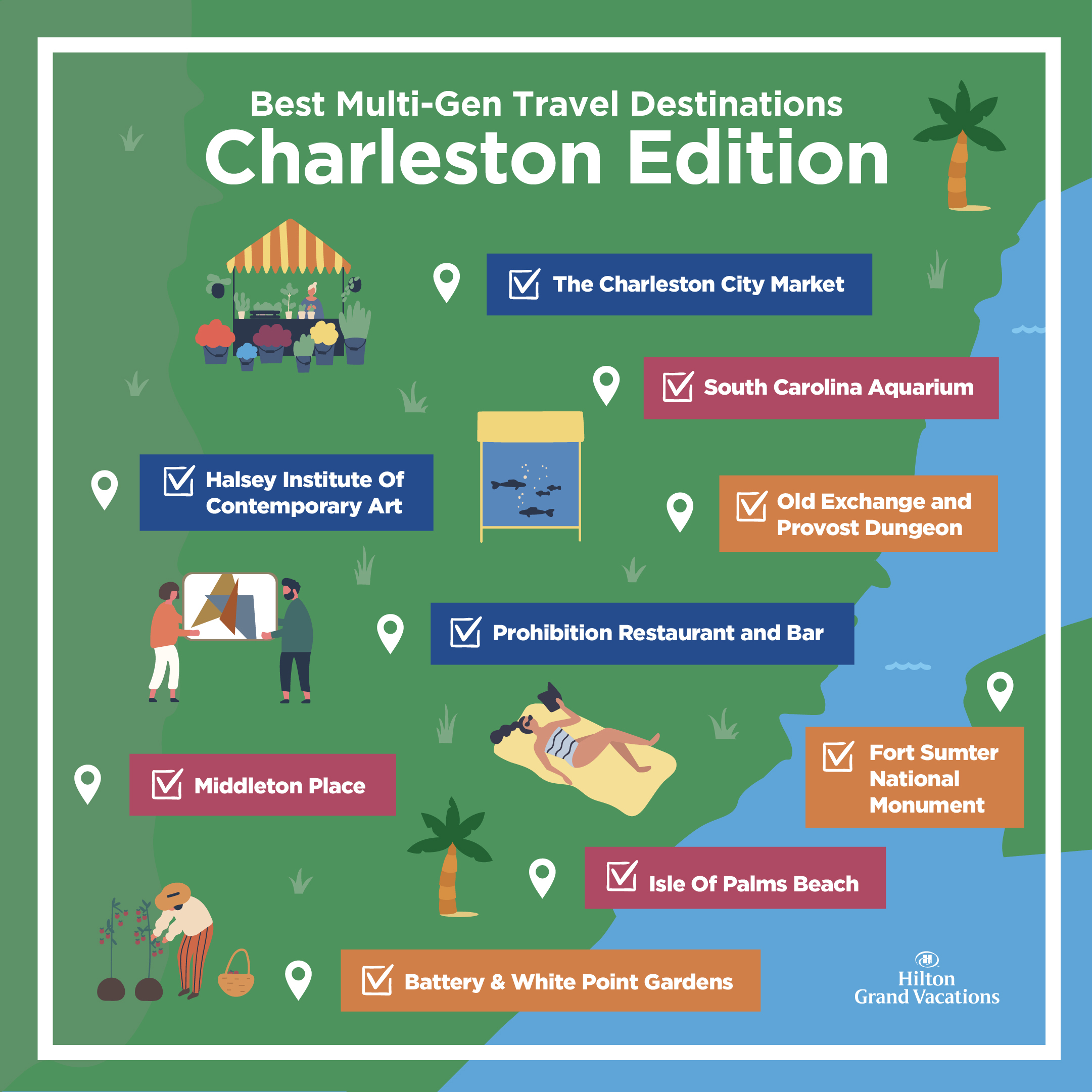 Infographic map explaining things to do in Charleston, South Carolina. 