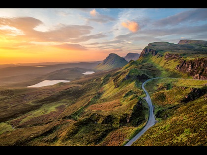 Scenic aerial shot of the Scottish Highlands. 