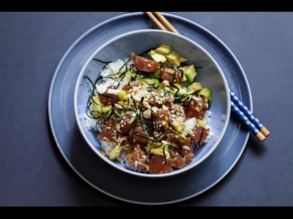 Overhead shot tuna poke bowl on the Big Island, Hawaii. 