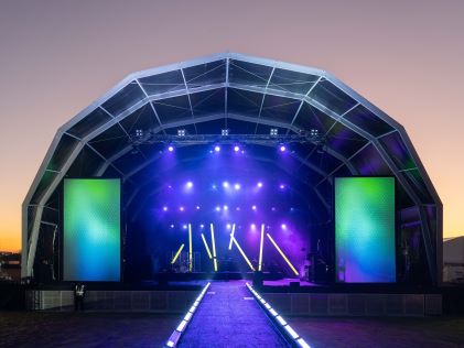 The stage and colored lights before an evening concert during the Hilton Grand Vacations Tournament of Champions