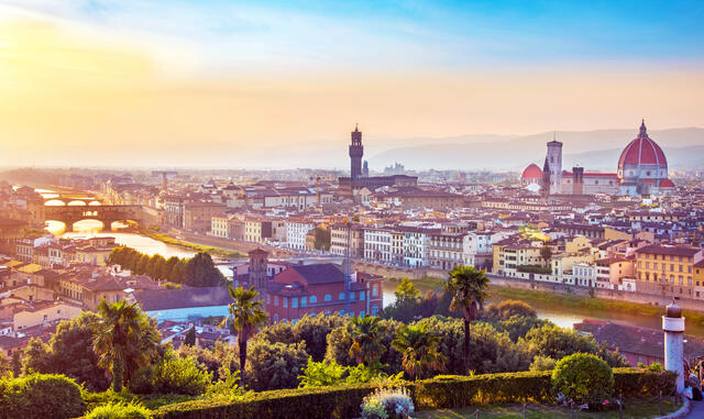 Stunning aerial shot of a Italian town with churches, Tuscany, Italy.