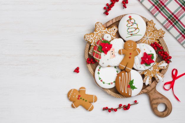 Overhead shot of beautifully decorated holiday cookies. 