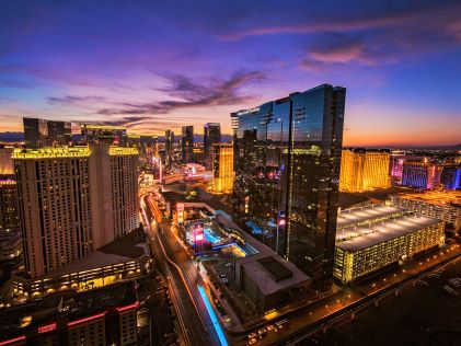 View of the Strip's skyline in Las Vegas at sunset