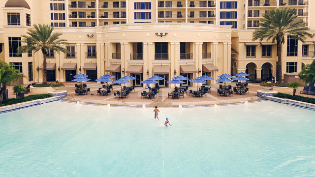 Beautiful aerial image of pool at Parc Soleil, a Hilton Grand Vacations Club, Orlando. 