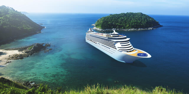 idyllic tropical scene, beautiful cruise shiip. 