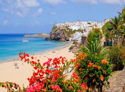 View on the beach and village Morro Jable on Canary Island, Fuerteventura, Spain