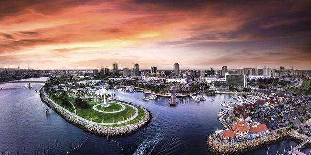 Picturesque aerial image, Los Angeles, sunset painted skies, California.