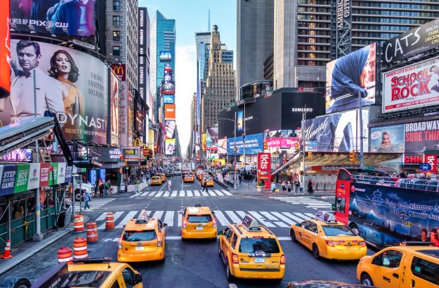 Cab-filled street, Broadway, New York, New York. 