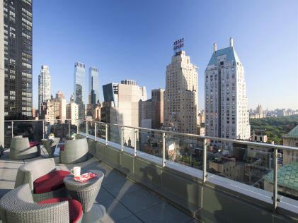 Balcony view of New York City skyscrapers