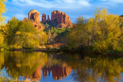 Fall foliage, Oak Creek Canyon, Cathedral Rock, blue skies, Sedona, Scottsdale.