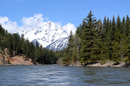 Beautiful mountain vista, serene tree-lined lake, snowcapped mountains in distance, Grand Tetons National Park, Wyoming. 