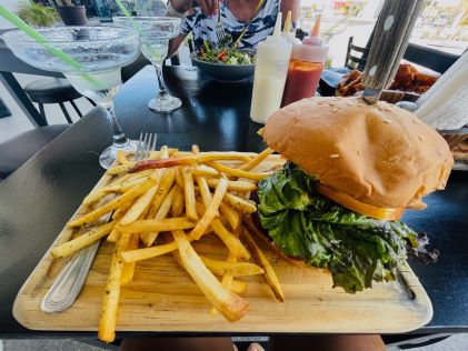 Burger and margaritas from a restaurant in Cabo, Mexico