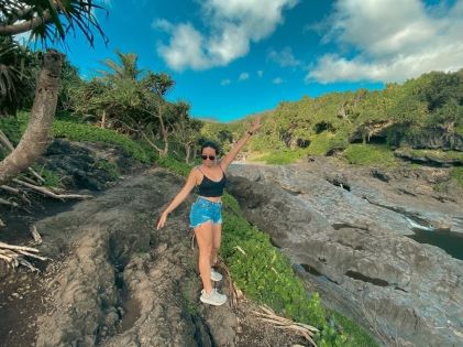 A Hilton Grand Vacations Member at lava flows on Maui, Hawaii