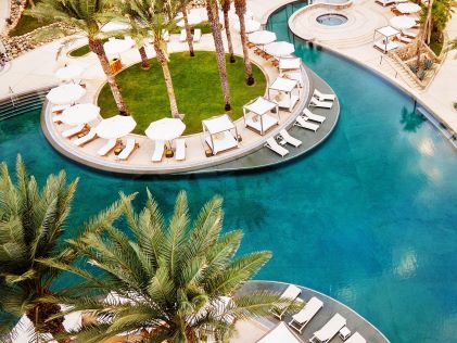 Aerial view of outdoor pool at La Pacifica Los Cabos, a Hilton Club in Mexico