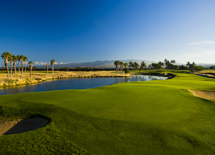 Aerial shot of the beautifully manicured golf course at Kings’ Land, a Hilton Grand Vacations Club, Waikoloa, Hawaii