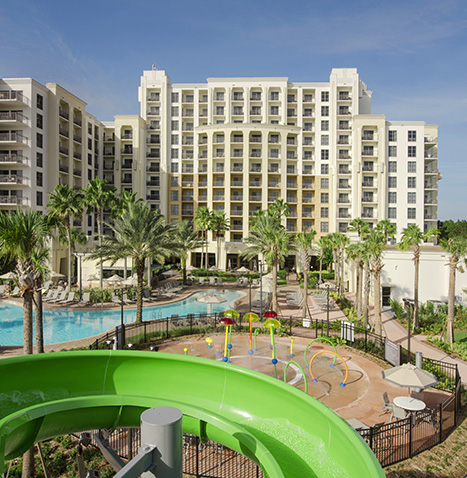 Aerial view of waterslides and pool at Las Palmeras, a Hilton Grand Vacation Club